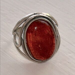 Artisan crafted, silver tone, genuine amber ring, size 7